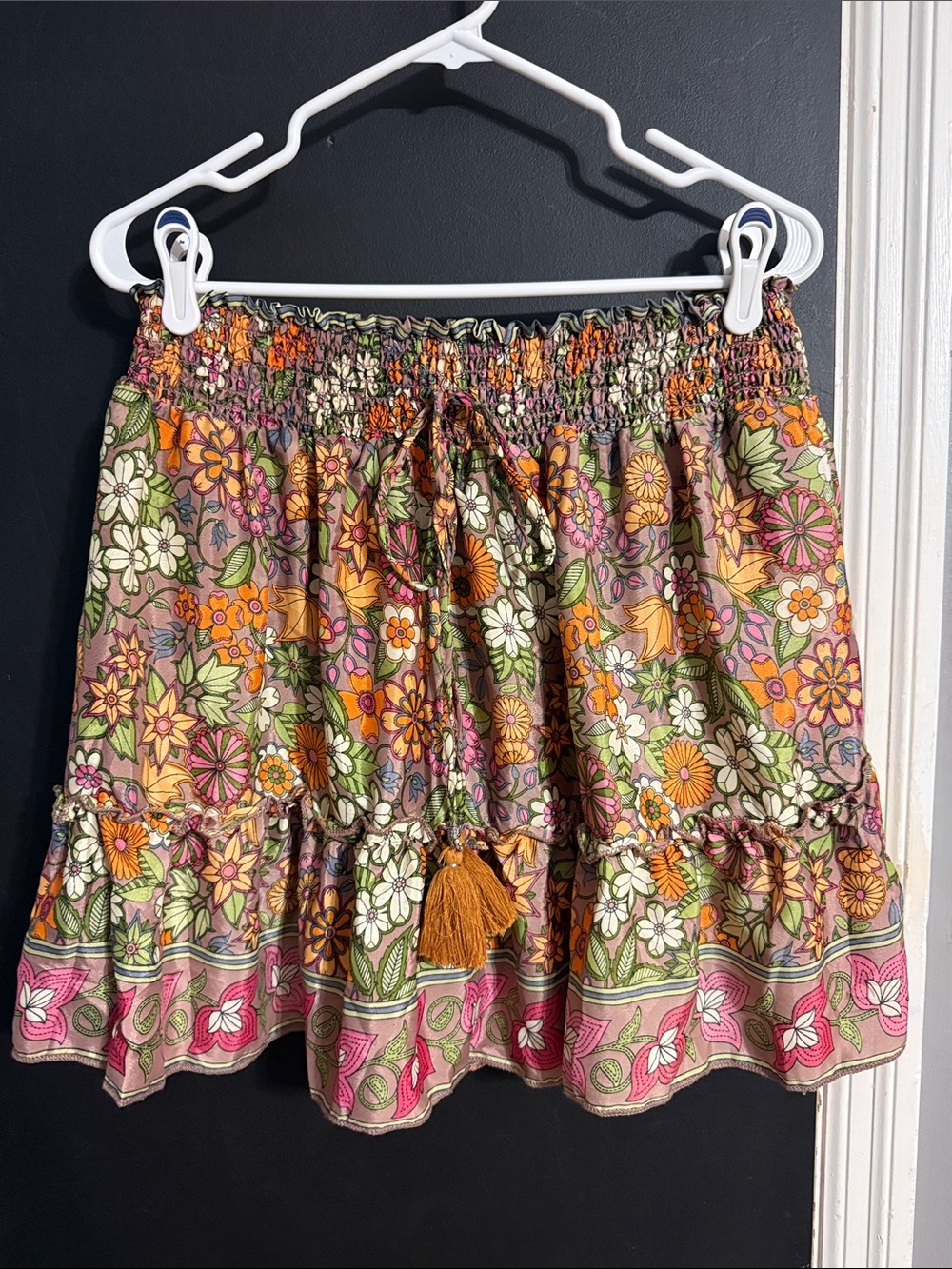 Zury Silk Blend Floral Tiered Tassel Mini Skirt Size: Free Size Length: 17”